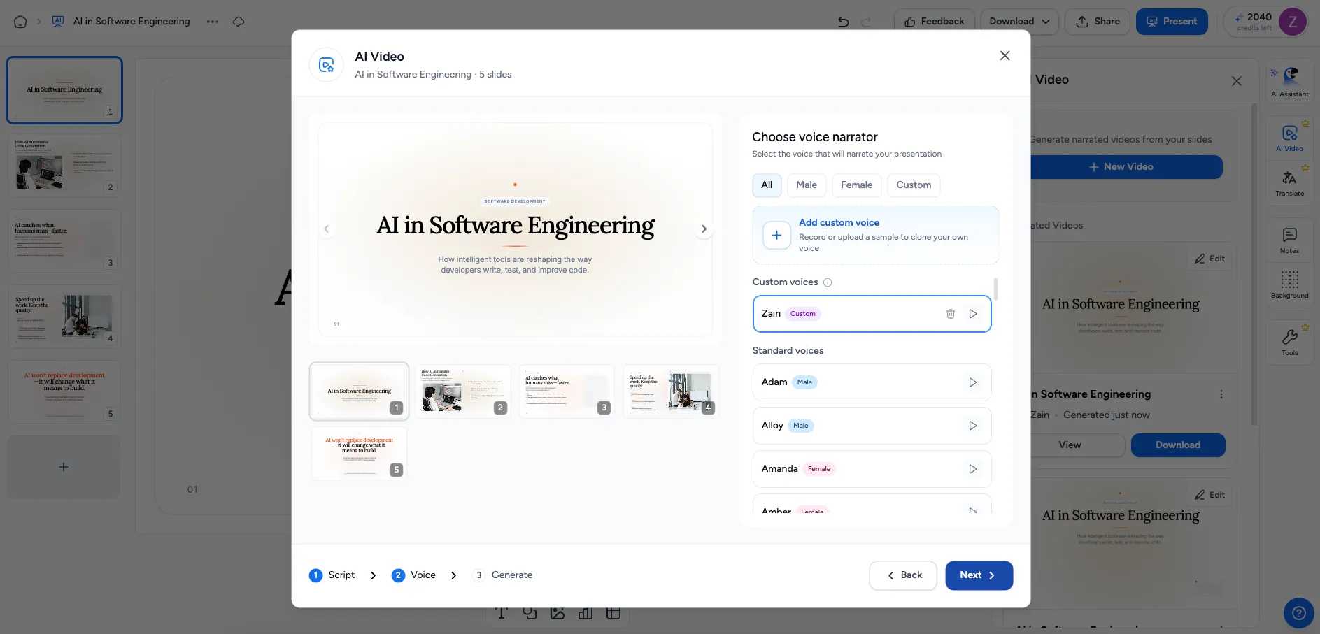Selecting a voice for the AI video narration in SlideSpeak