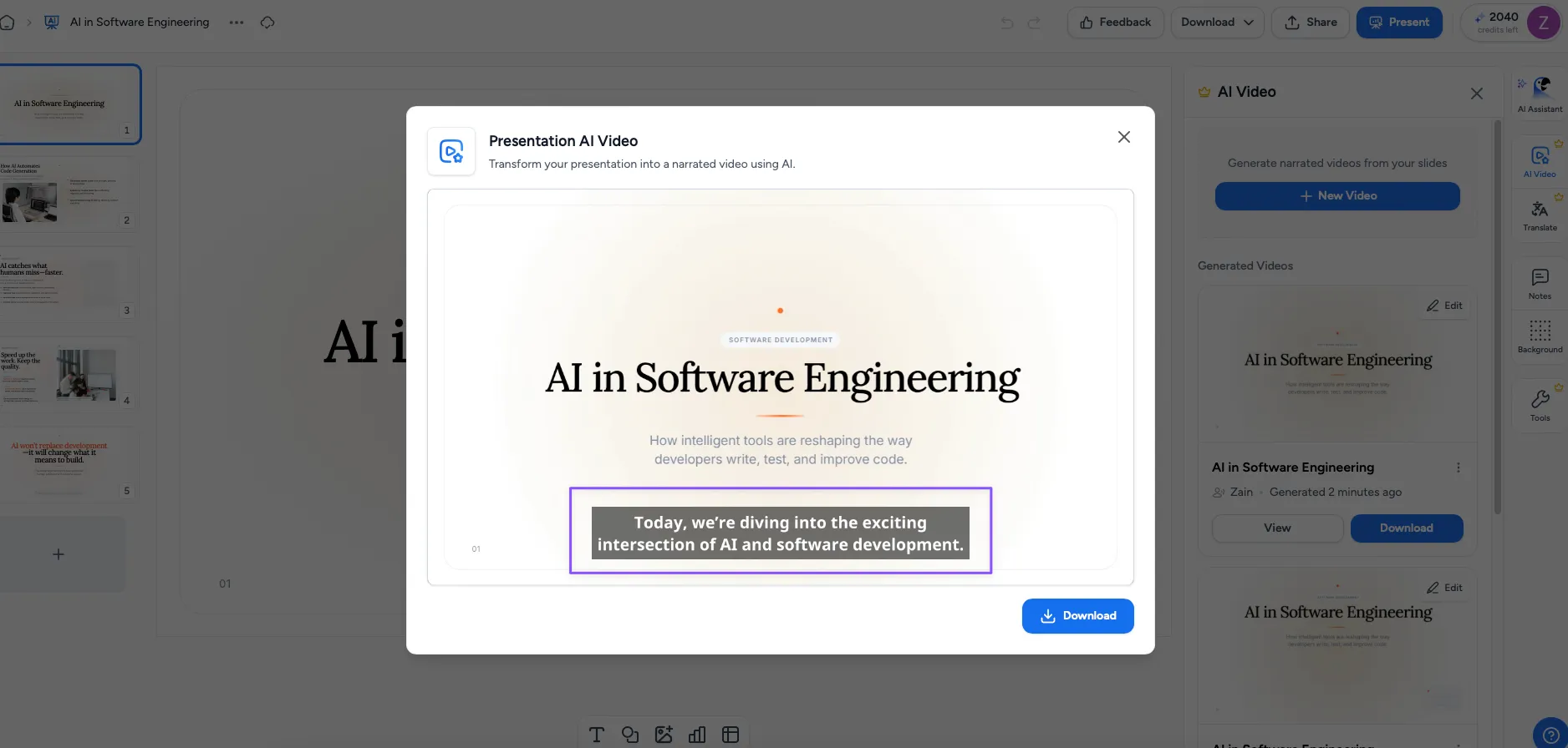 Finished AI video presentation with captions displayed on screen in SlideSpeak