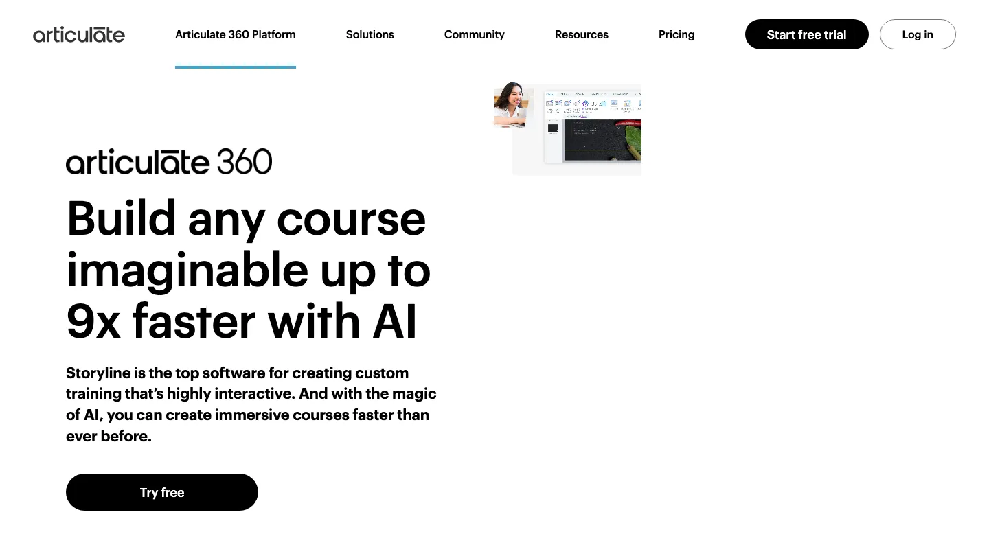 Articulate Storyline 360 homepage, one of the eLearning authoring tools compared in this post