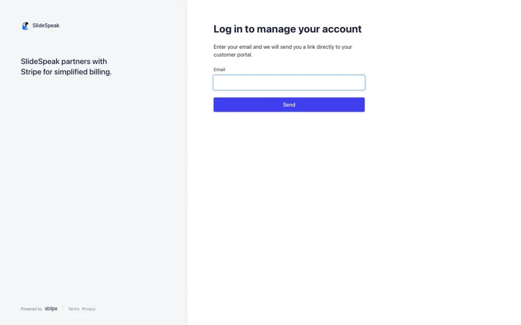 SlideSpeak billing portal hosted by Stripe, asking for the email you paid with