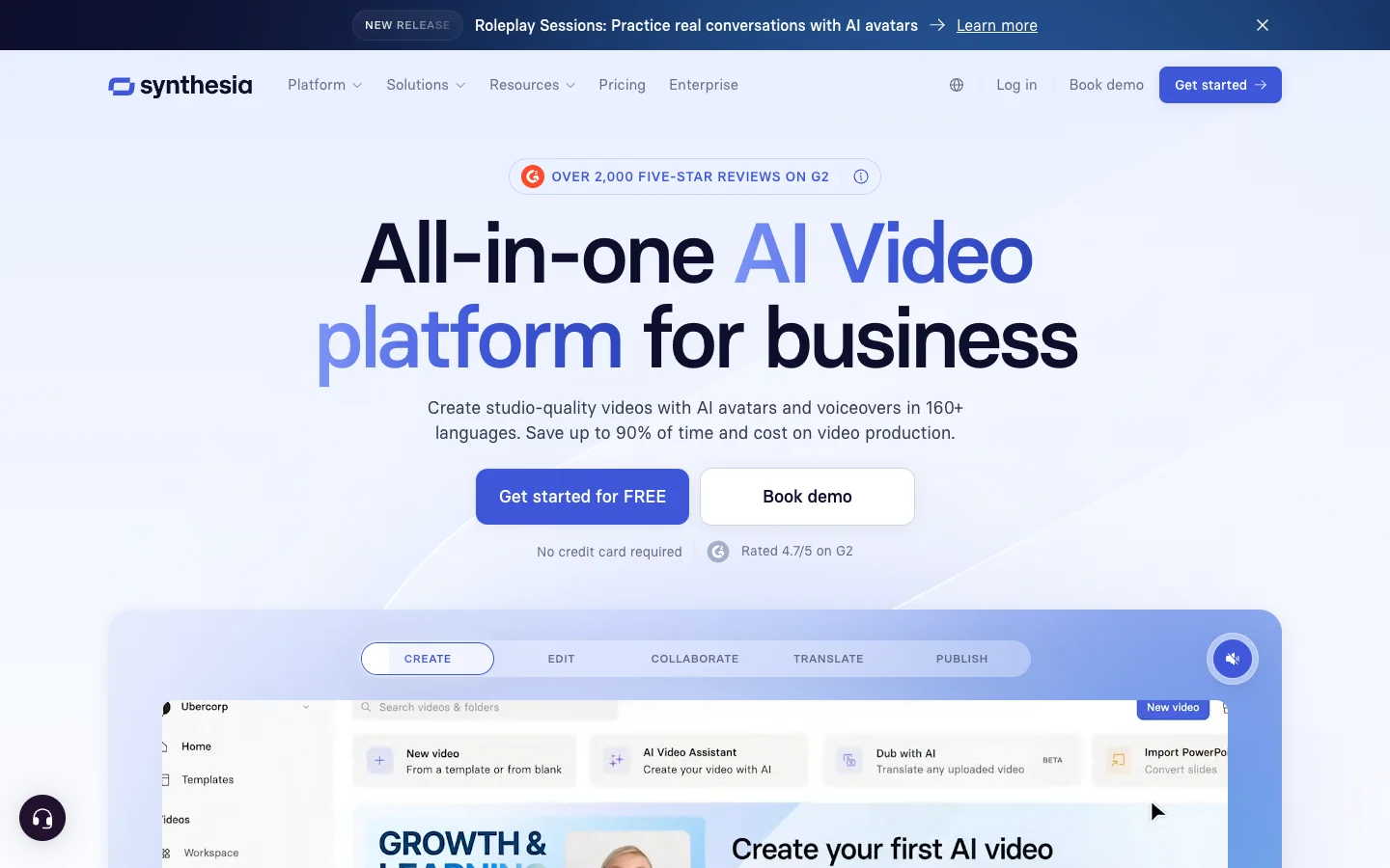 Synthesia homepage showing the all-in-one AI video platform for business