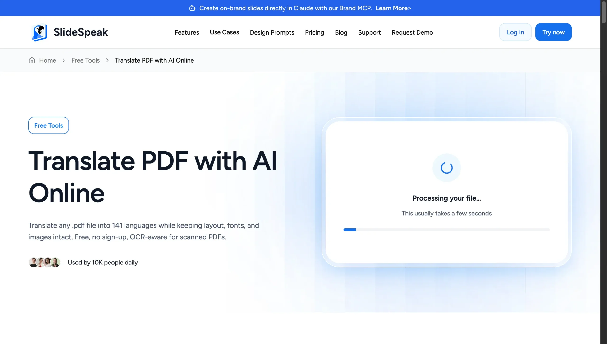 SlideSpeak processing a PDF for translation