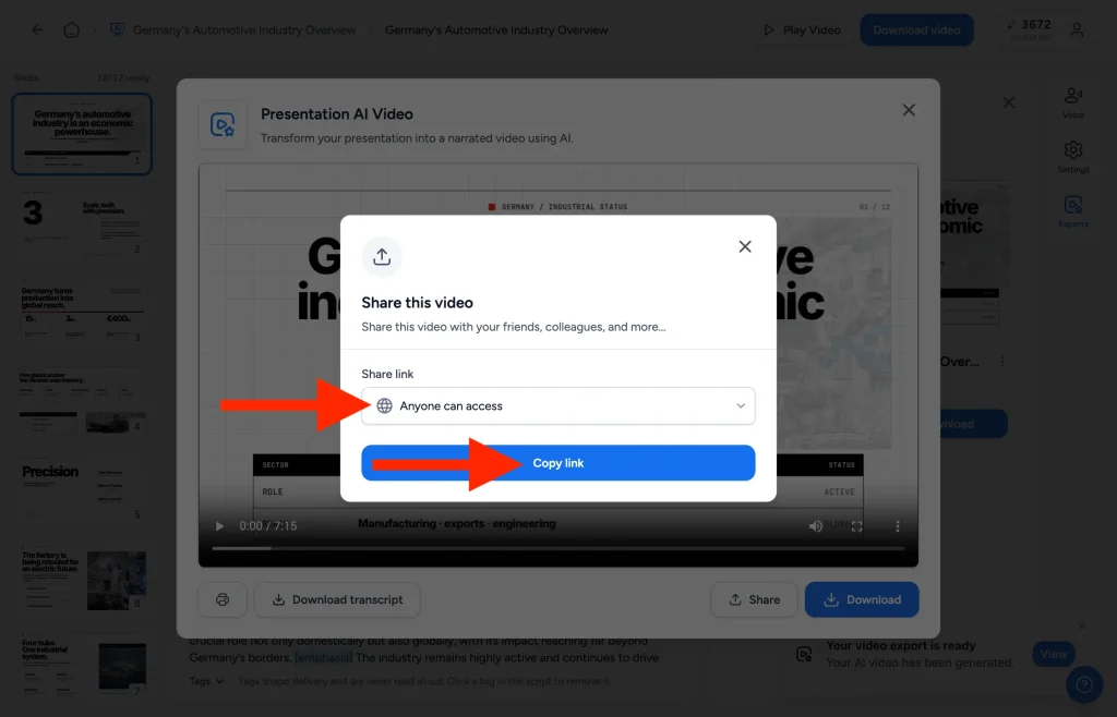 Share dialog set to Anyone can access, used to share an AI video presentation with a public link