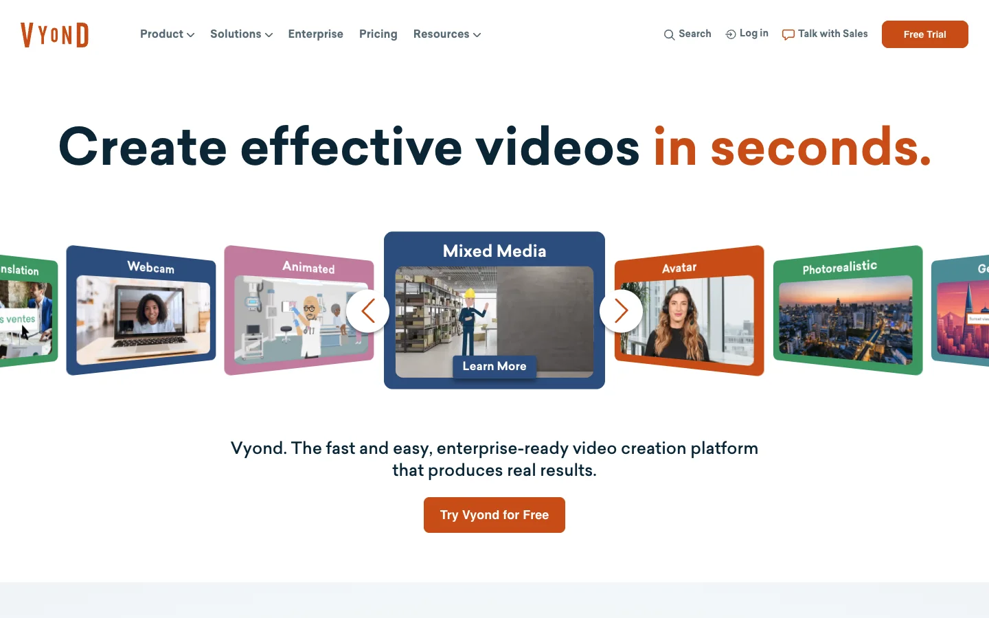 Vyond homepage showing animated video styles for effective training videos
