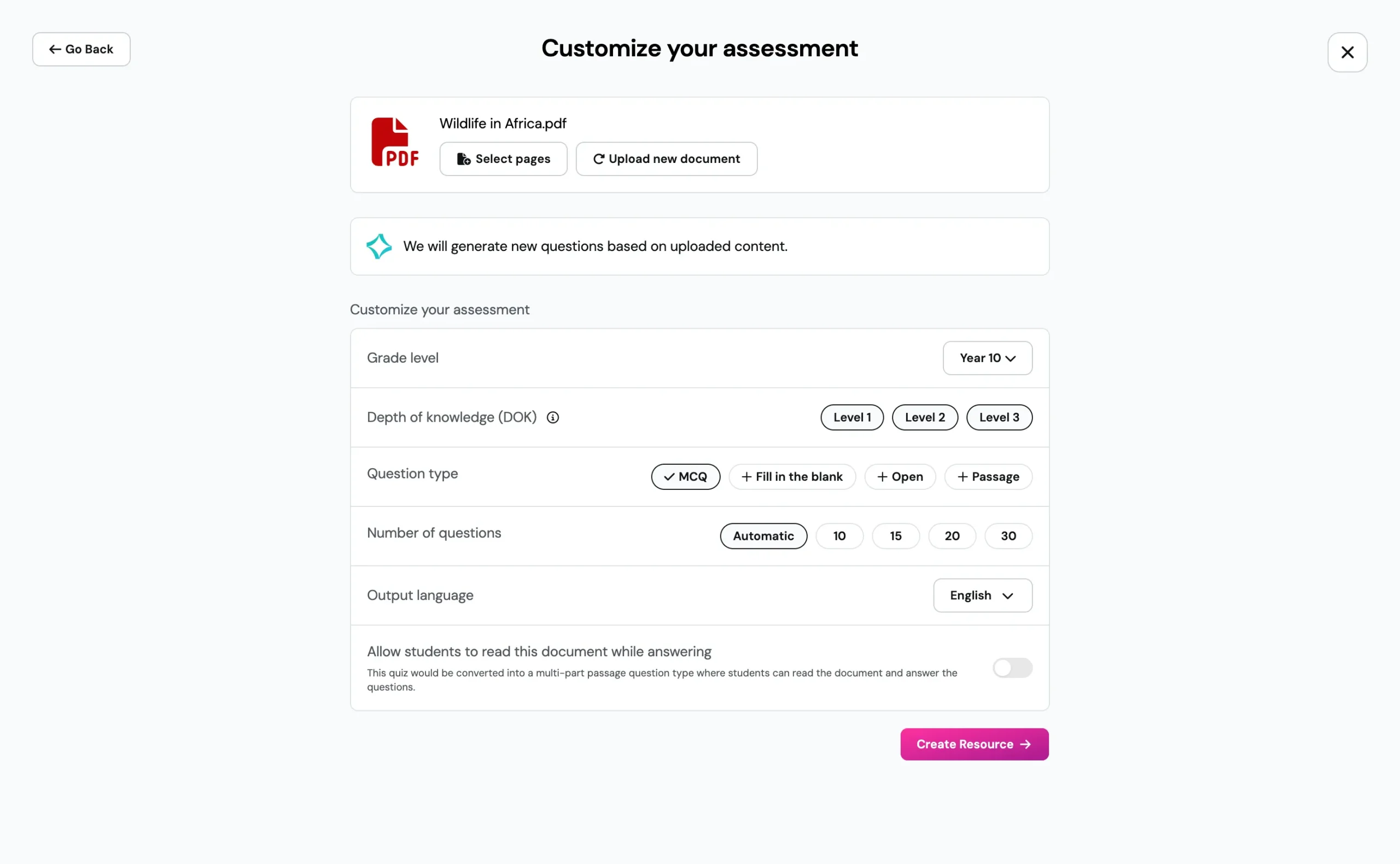 Wayground customize assessment settings for the quiz