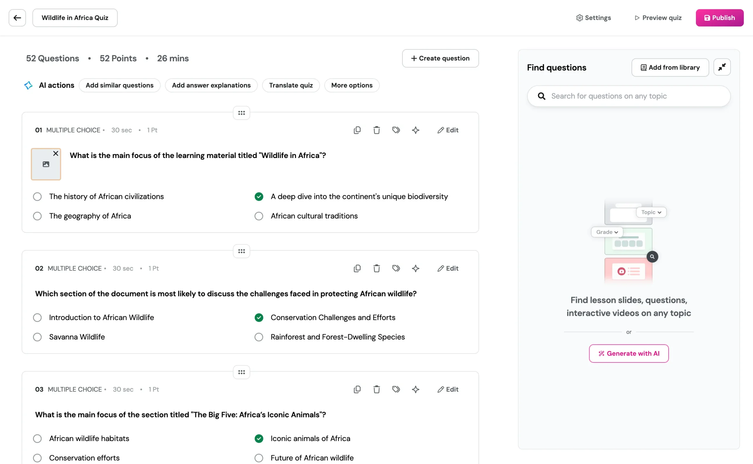 Wayground quiz editor with AI generated questions