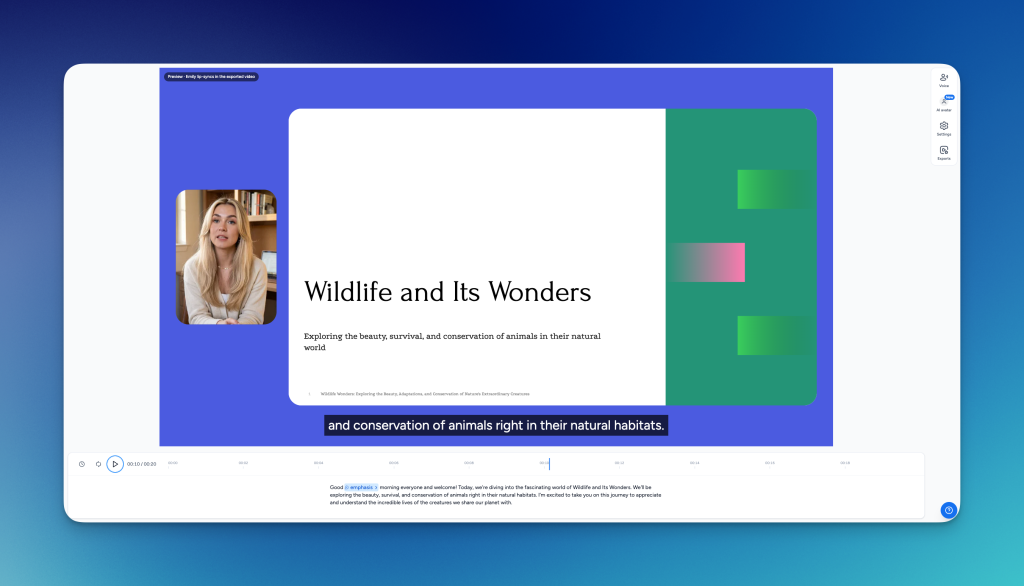 SlideSpeak AI Video editor with an on-screen presenter beside the slide, a caption line, a scrubbable timeline and the editable narration script below