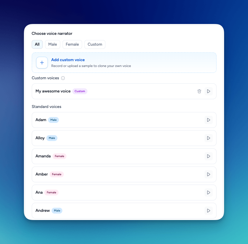 Choose voice narrator panel with an Add custom voice option, a saved cloned voice, and standard voices with preview buttons