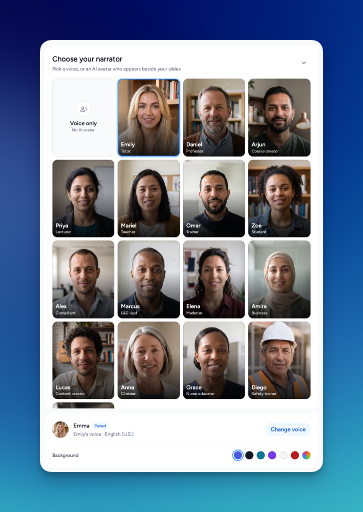Choose your narrator gallery of AI avatars labelled by role, with a Voice only option and the paired voice shown at the bottom