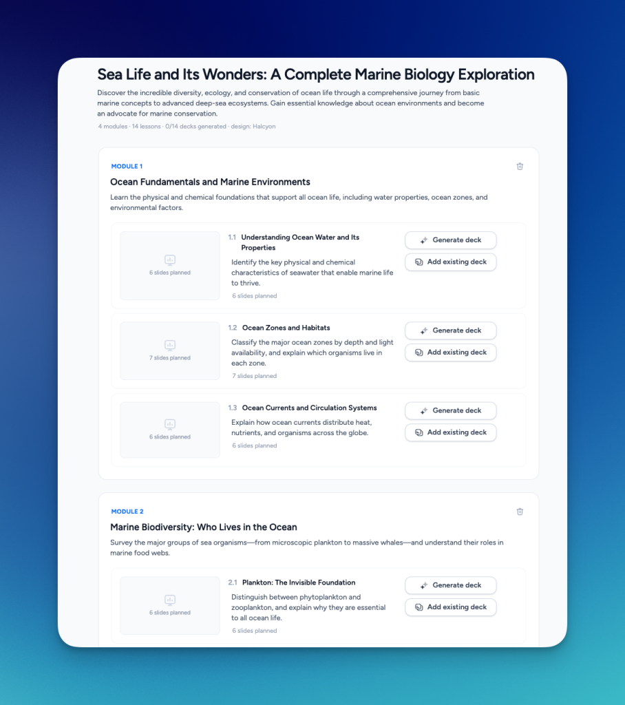 Course builder plan for a marine biology course: 4 modules and 14 lessons, each lesson showing its planned slide count and a Generate deck button