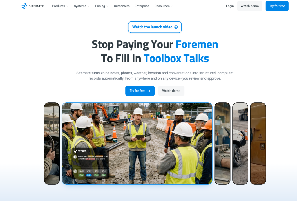 Sitemate homepage, showing a foreman running a toolbox talk with a crew on site