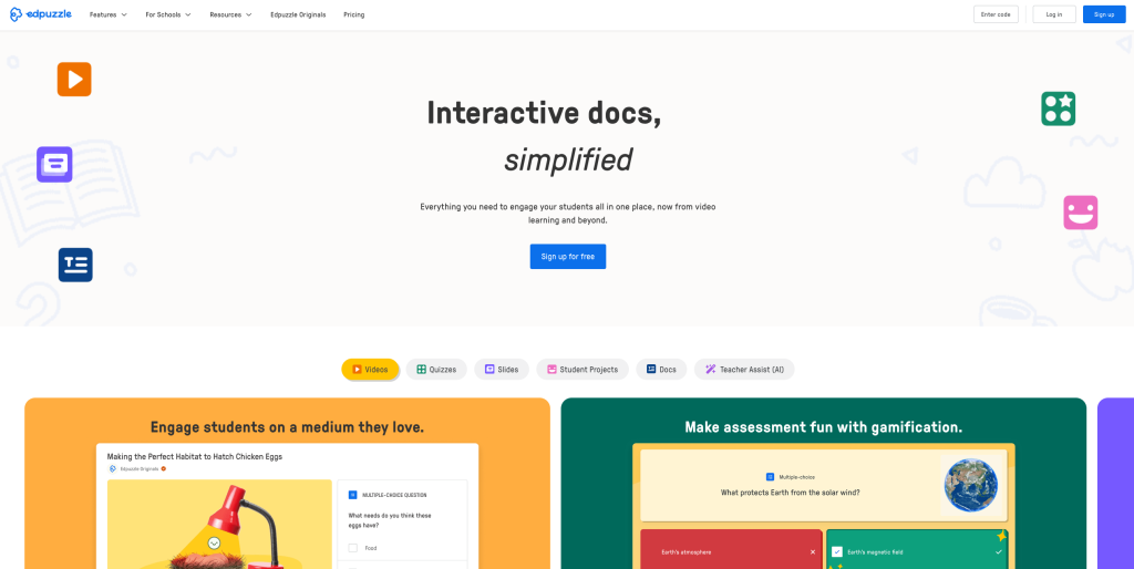Edpuzzle homepage, headlined "Interactive docs, simplified", with tabs for videos, quizzes, slides and student projects