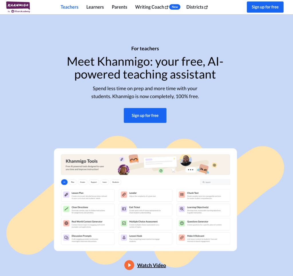 Khanmigo for teachers, headlined "Meet Khanmigo: your free, AI-powered teaching assistant", showing its lesson plan, leveler and exit ticket tools