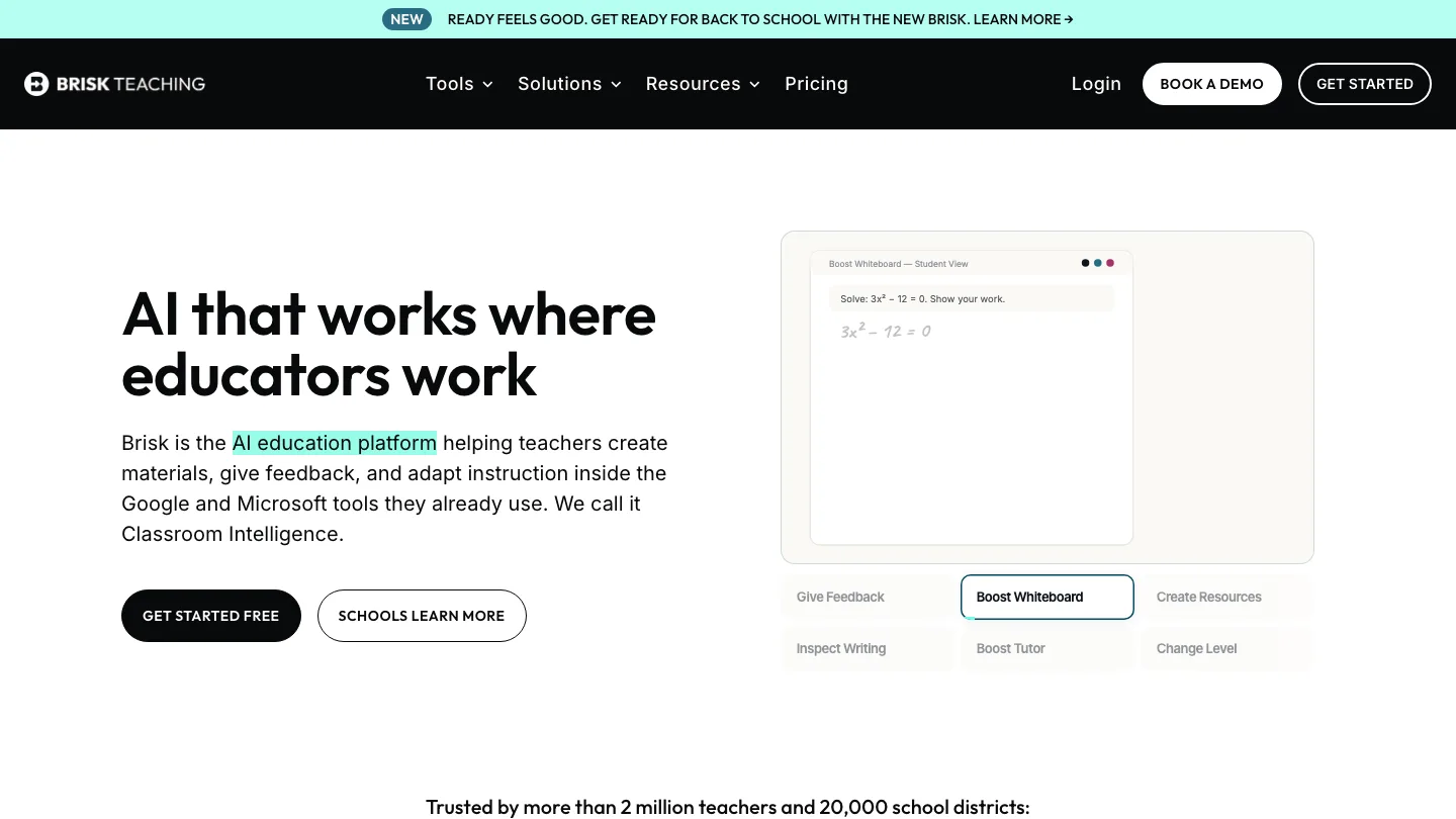 Brisk Teaching homepage, headlined "AI that works where educators work"