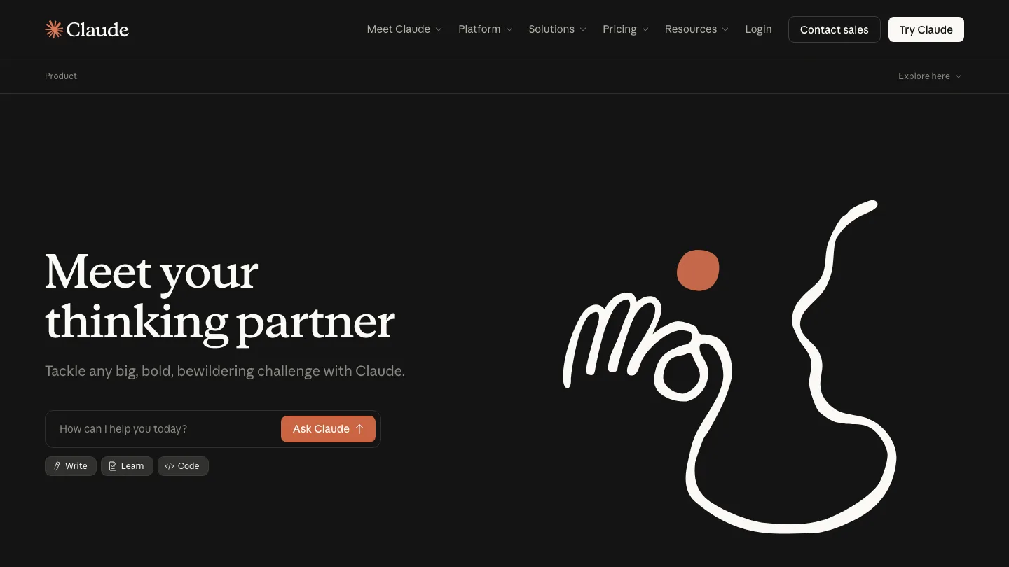 Claude homepage, headlined "Meet your thinking partner"
