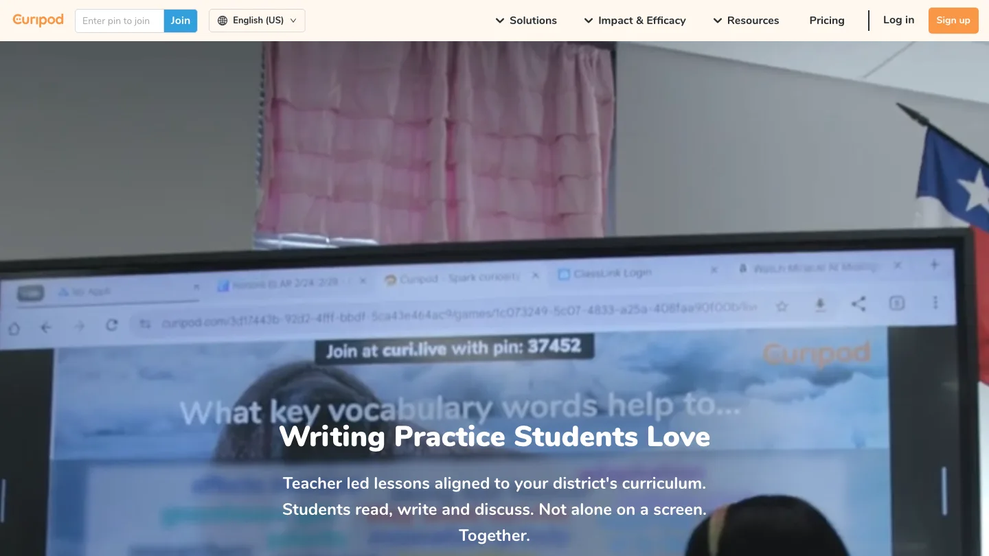 Curipod homepage showing a live class lesson with a join pin on a classroom screen