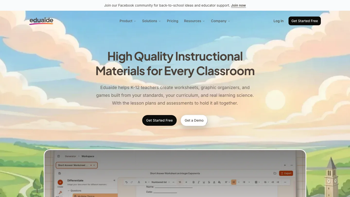 Eduaide homepage, offering instructional materials built from your standards