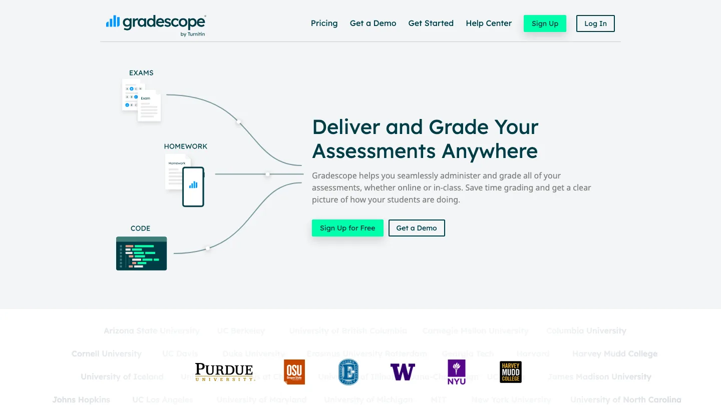 Gradescope by Turnitin homepage, showing exam, homework and code grading