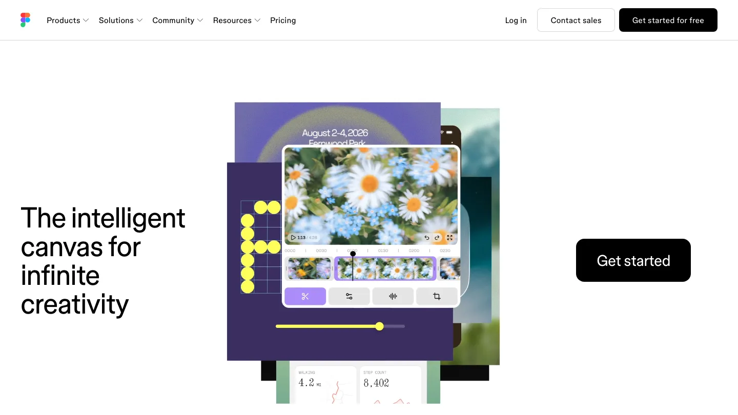 Figma homepage, headlined "The intelligent canvas for infinite creativity"