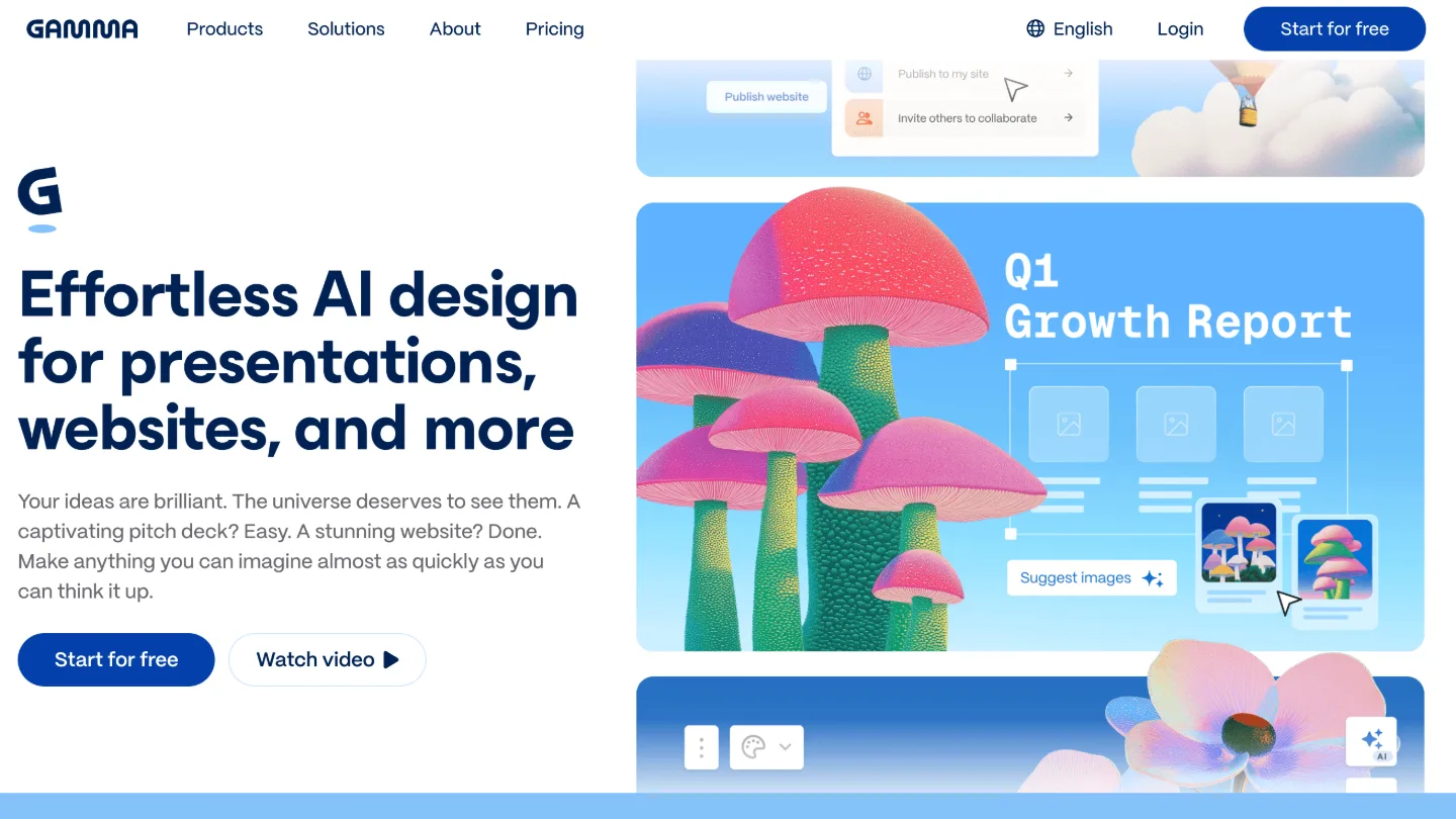 Gamma homepage, headlined "Effortless AI design for presentations, websites, and more"