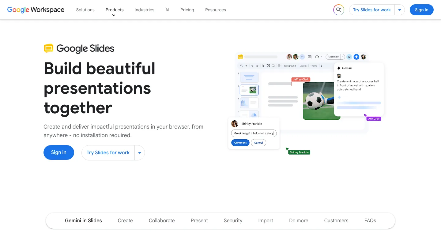 Google Slides homepage, one of the best Canva alternatives for presentations, showing Gemini generating an image inside a deck