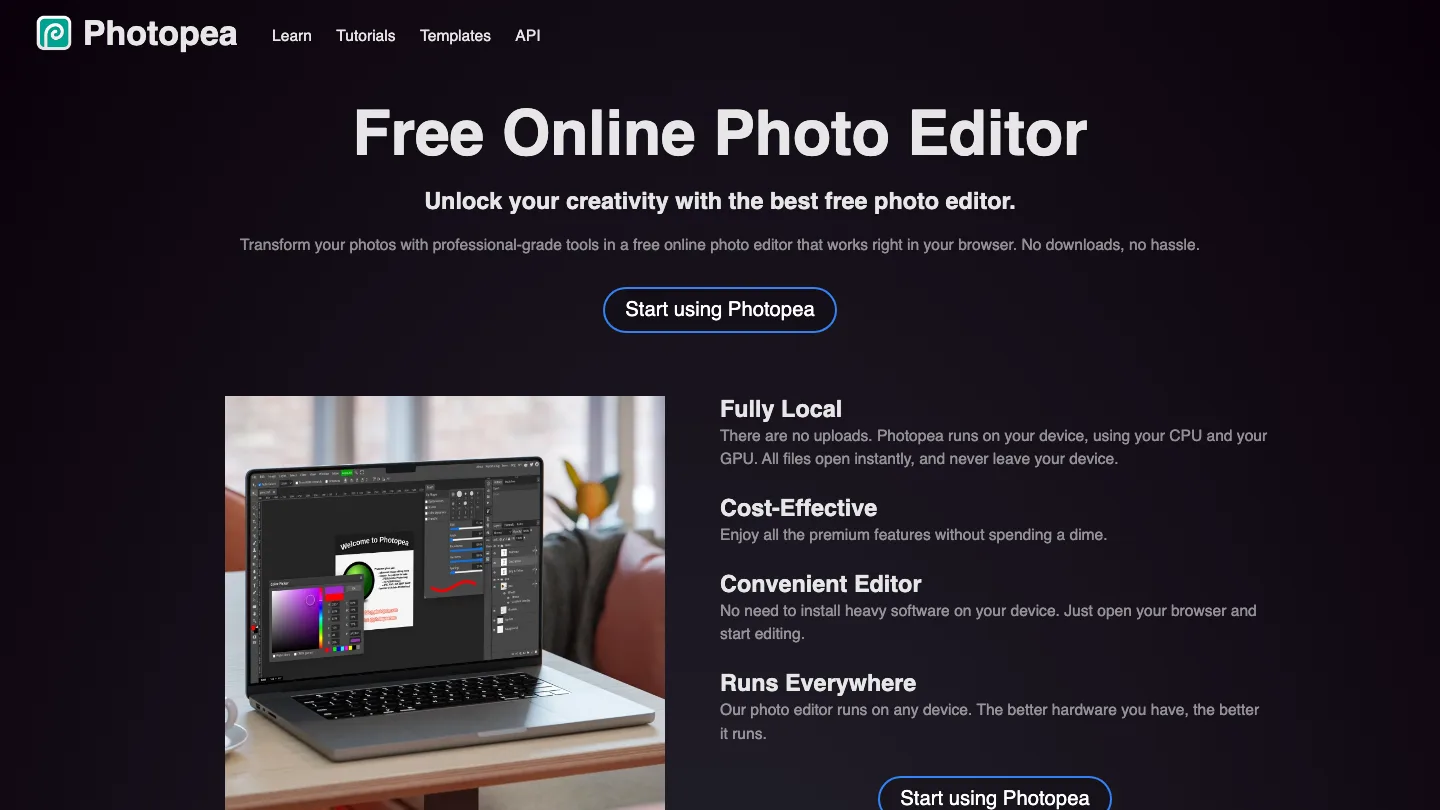 Photopea homepage, headlined "Free Online Photo Editor", noting it runs fully local in the browser