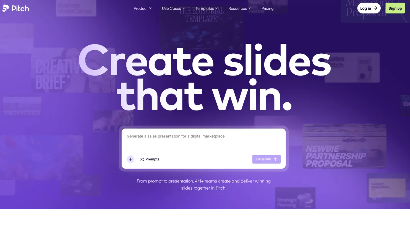 Pitch homepage, headlined "Create slides that win", with a prompt box over a wall of deck templates