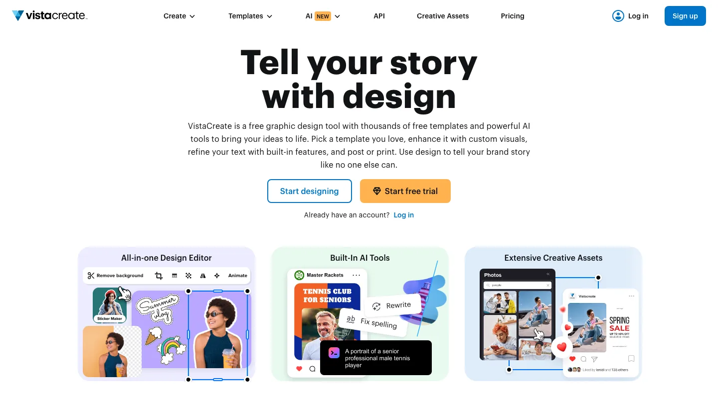 VistaCreate homepage, headlined "Tell your story with design", showing its editor and AI tools