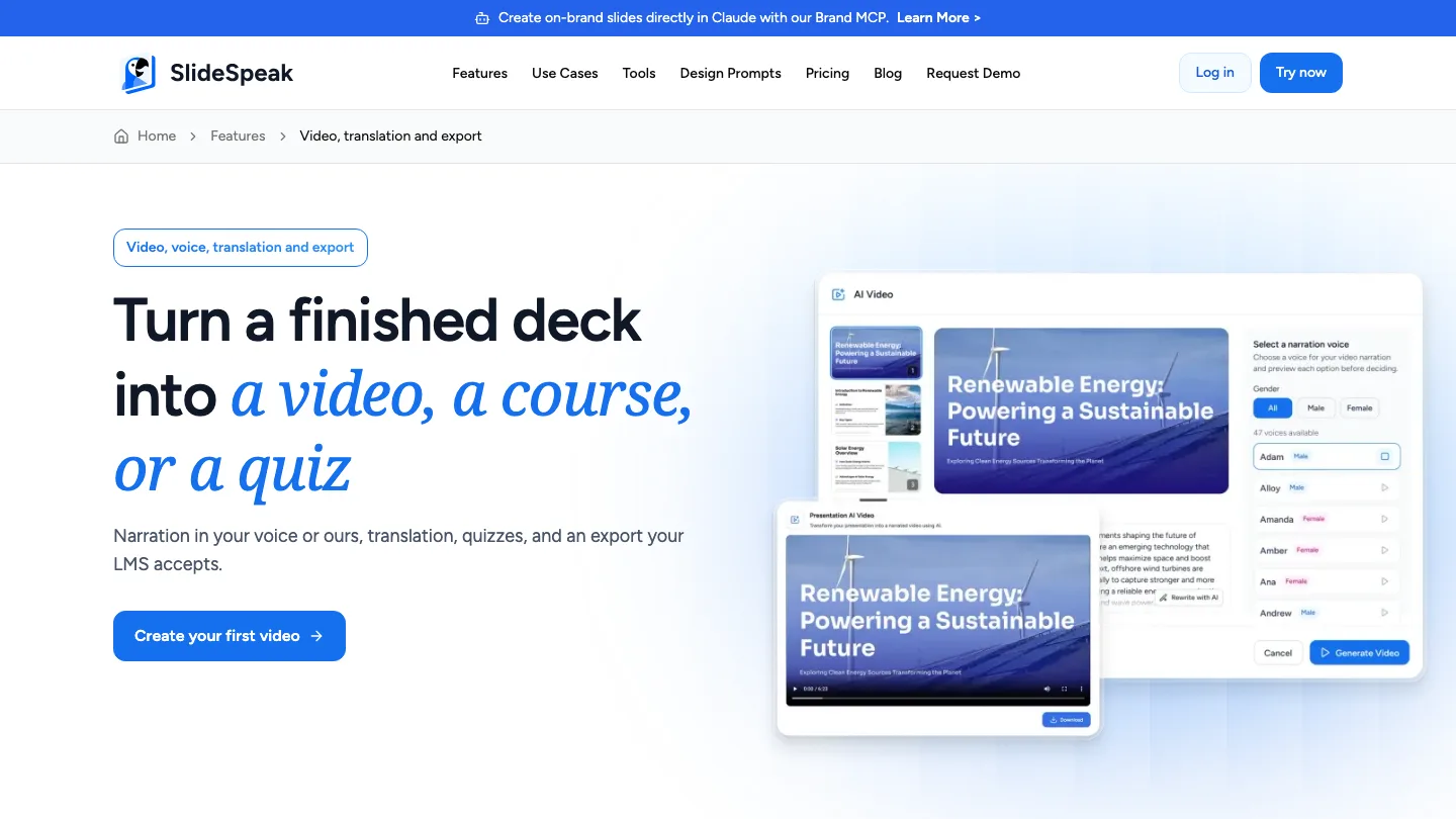 SlideSpeak's video feature page, showing a finished slide deck being turned into a narrated video with a voice picker alongside it, the conversion step in building an employee training program