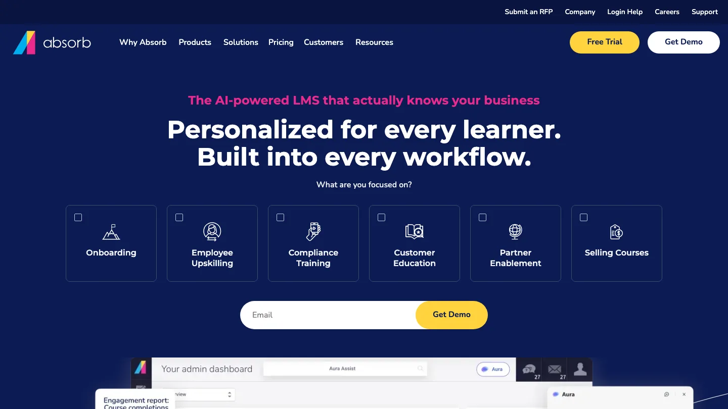 Absorb LMS homepage, showing use cases from onboarding to compliance training