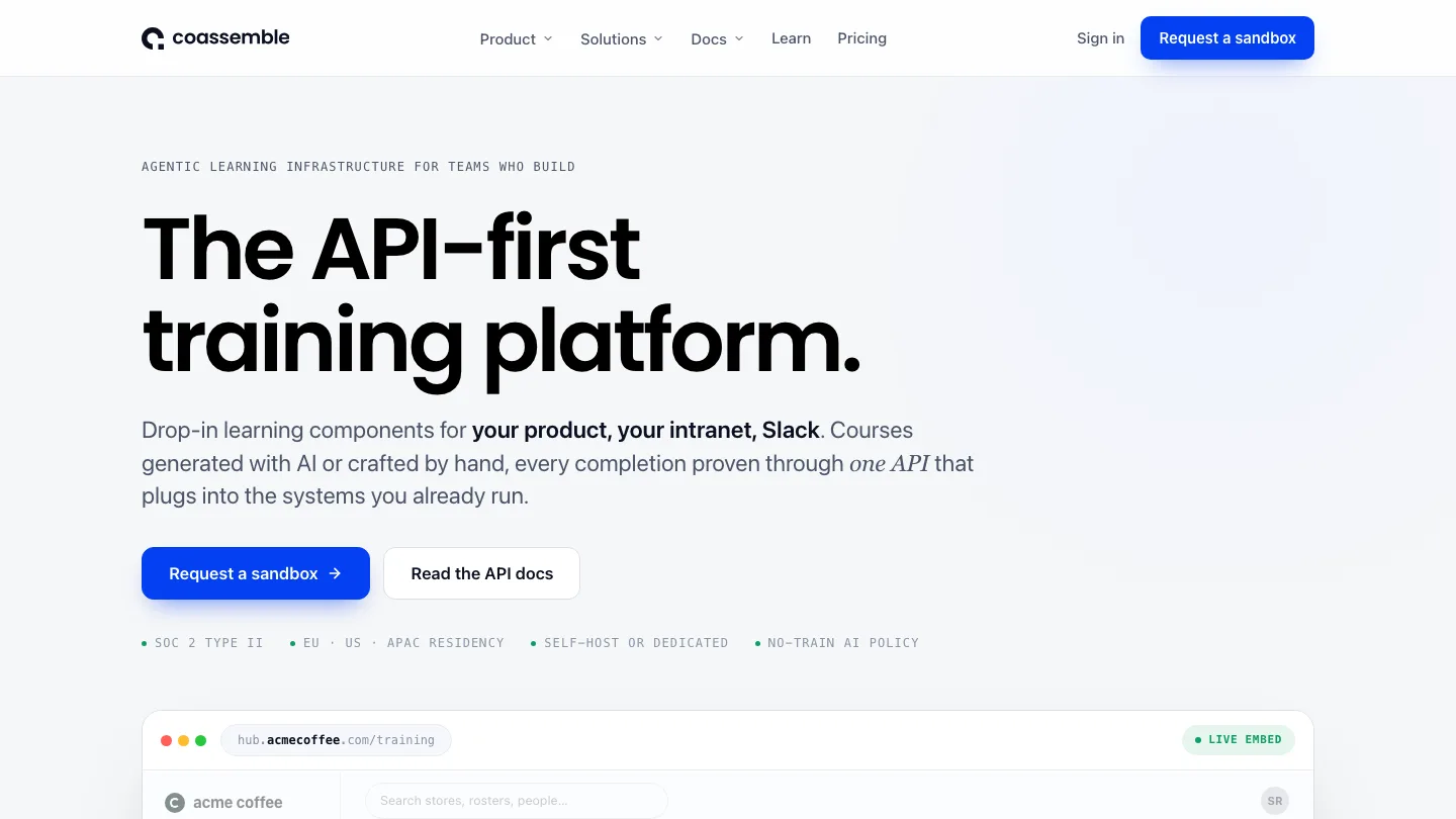 Coassemble homepage, describing an API-first training platform with drop-in learning components
