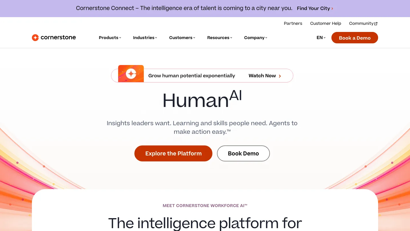Cornerstone OnDemand homepage, showing its workforce skills and compliance platform