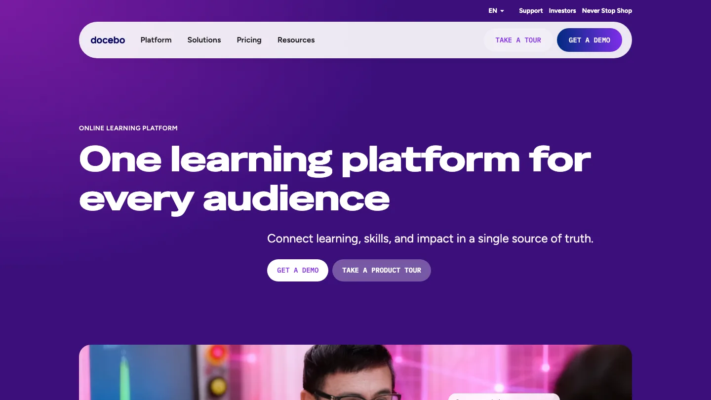 Docebo learning platform page, showing one platform for multiple learner audiences