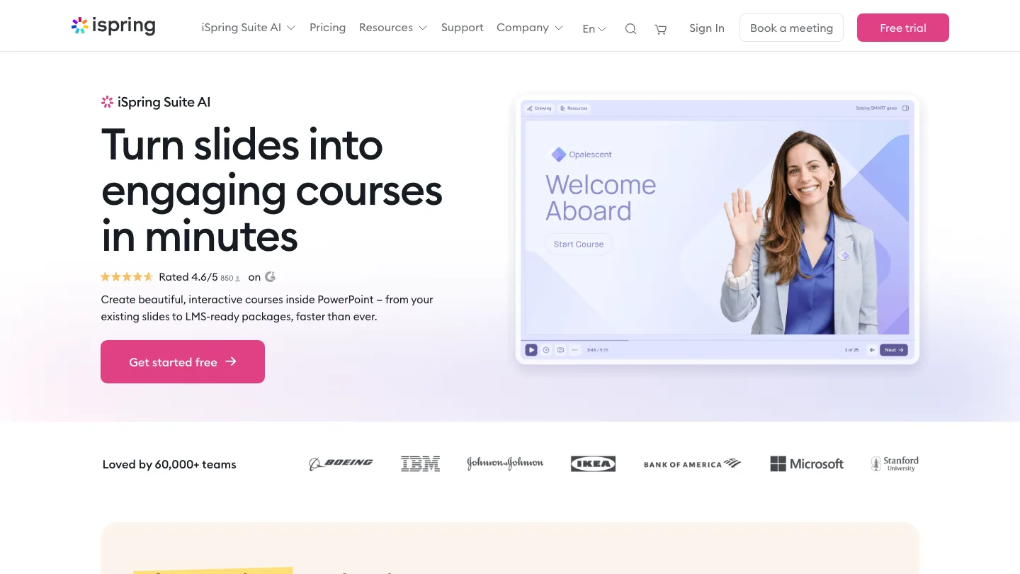 iSpring Suite homepage, showing employee training tools that build courses inside PowerPoint