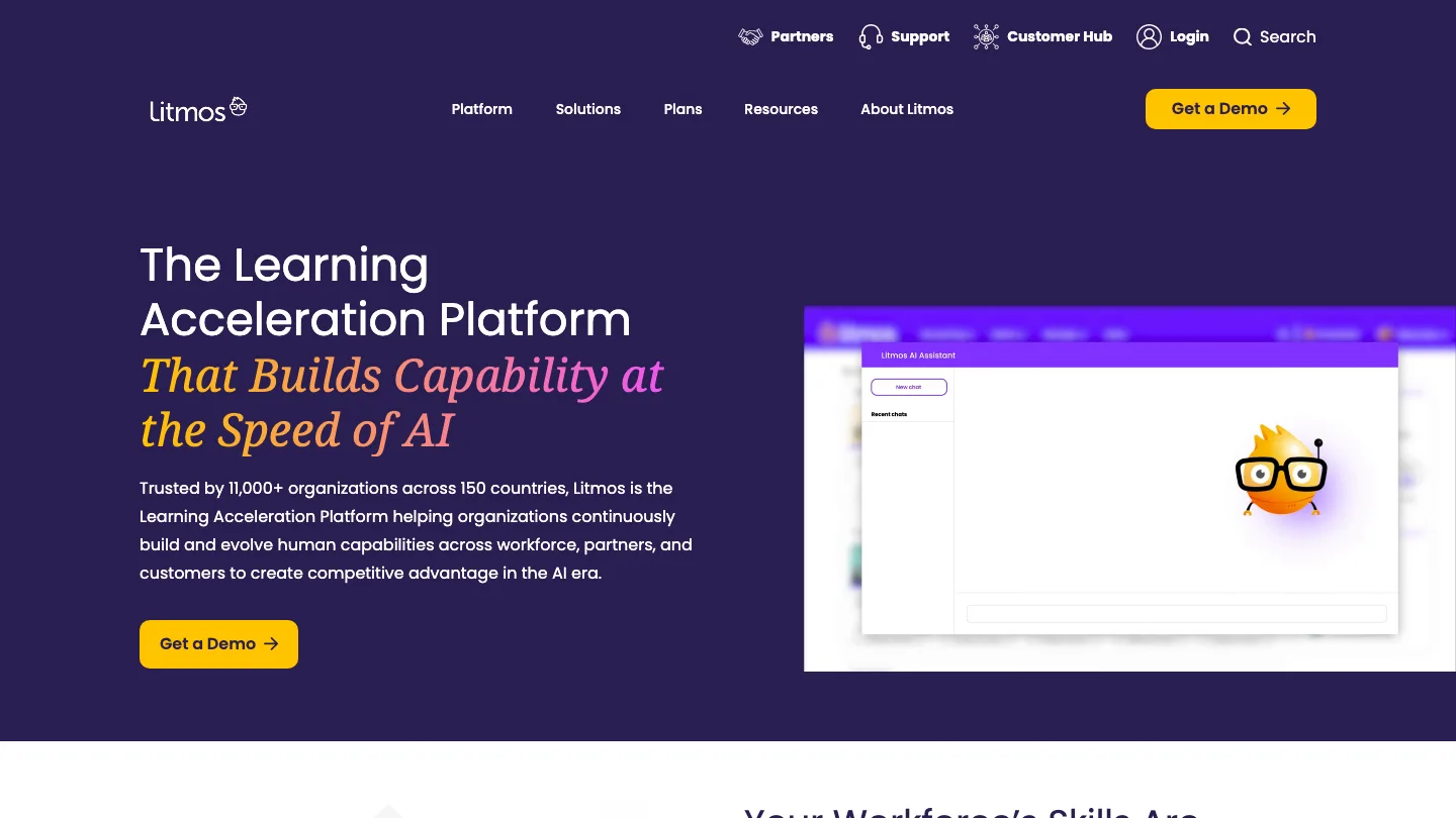 Litmos homepage, showing its learning platform and AI assistant
