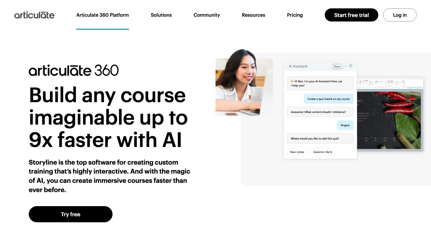 Articulate 360 homepage, showing Storyline's AI-assisted course building