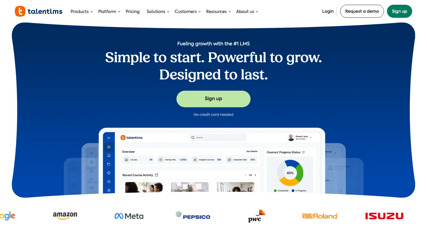 TalentLMS homepage, showing its course dashboard and completion reporting