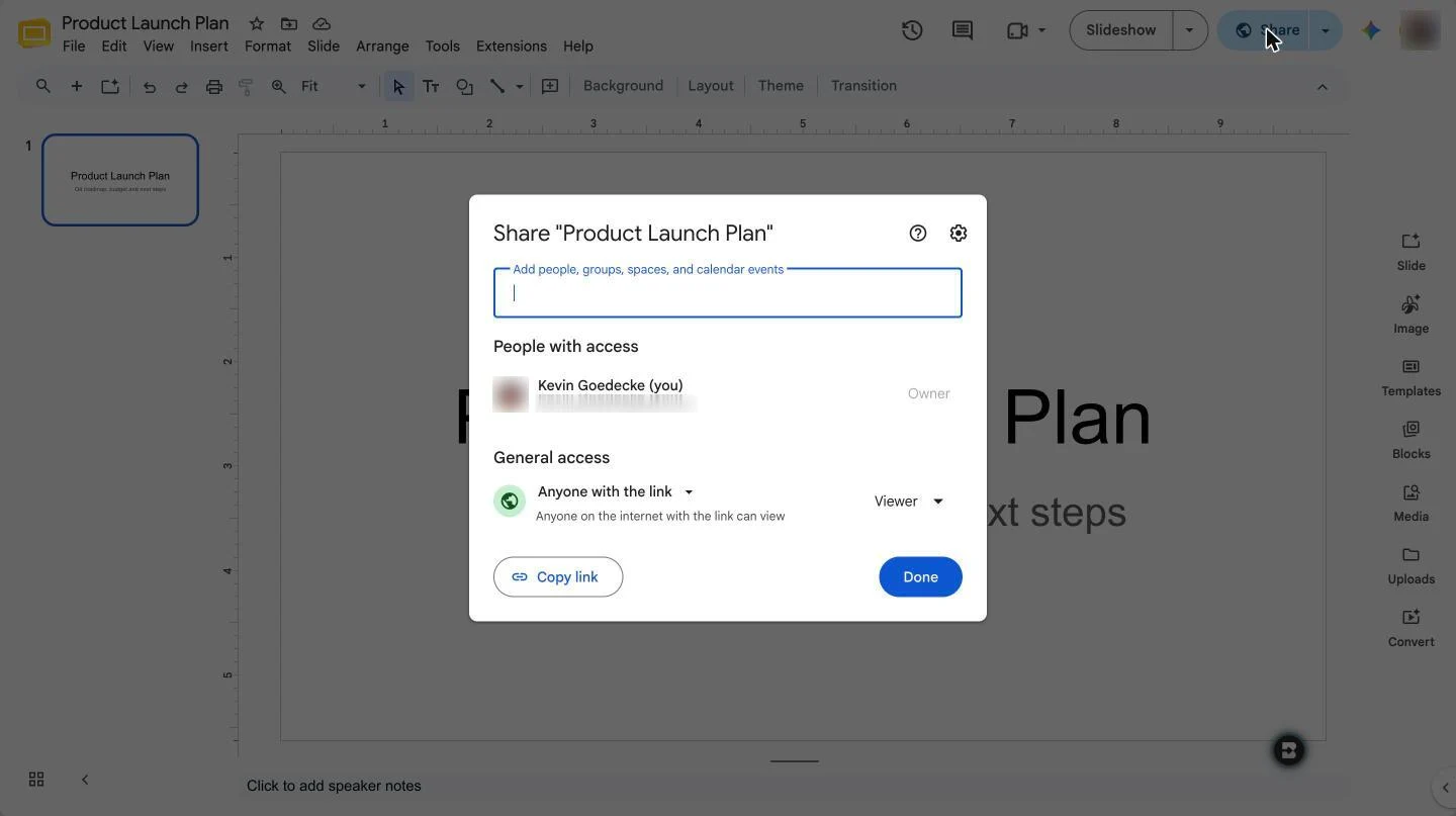 Google Slides share dialog with general access set to Anyone with the link as Viewer