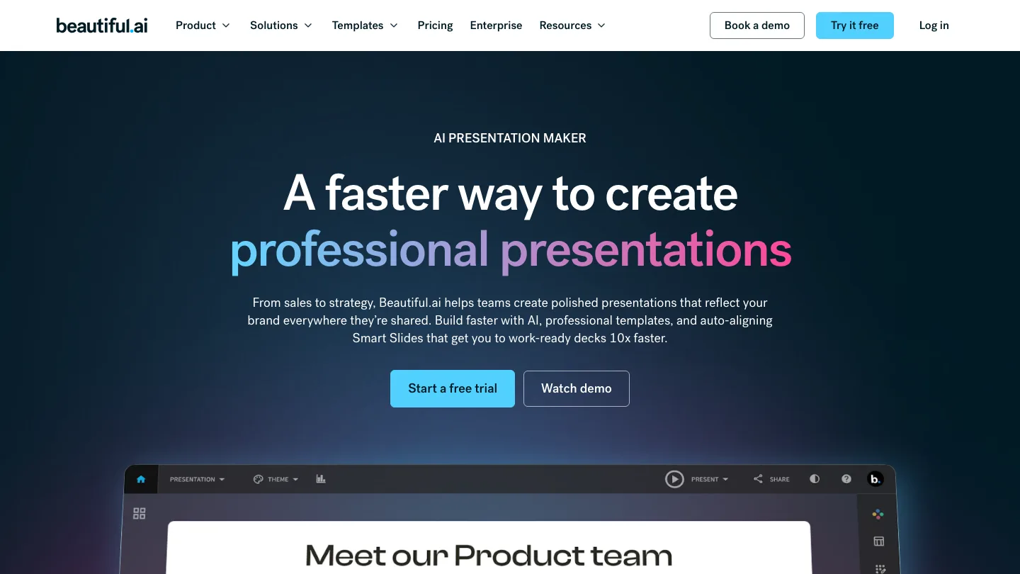 Beautiful.ai homepage, showing its AI presentation tool and auto-aligning Smart Slides