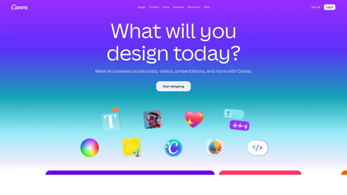 Canva homepage, showing its visual suite for social posts, videos and presentations