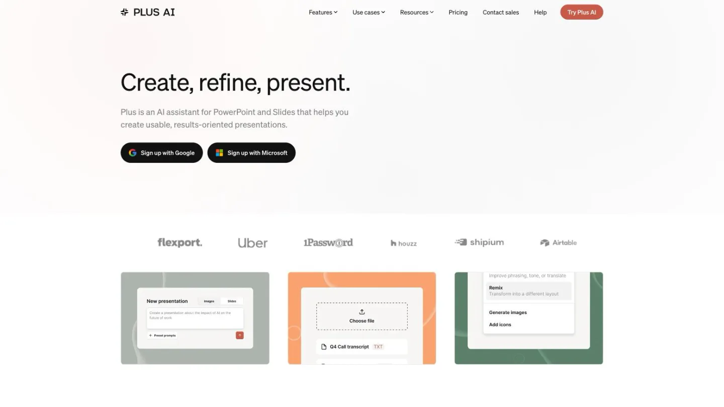 Plus AI homepage, one of the PopAI alternatives compared here, showing its AI assistant for PowerPoint and Google Slides