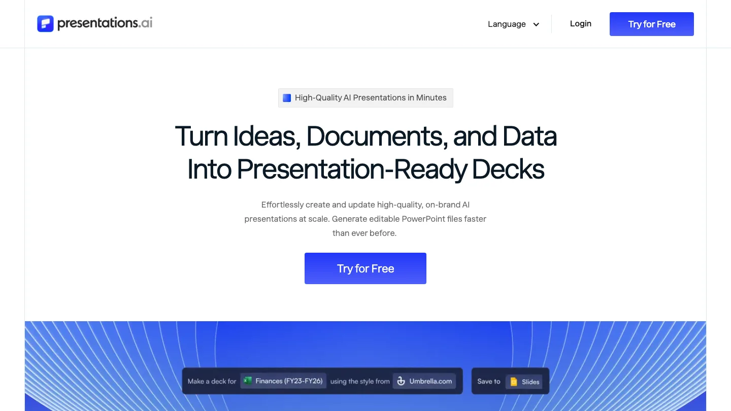 Presentations.AI homepage, showing its tool for turning ideas, documents and data into decks