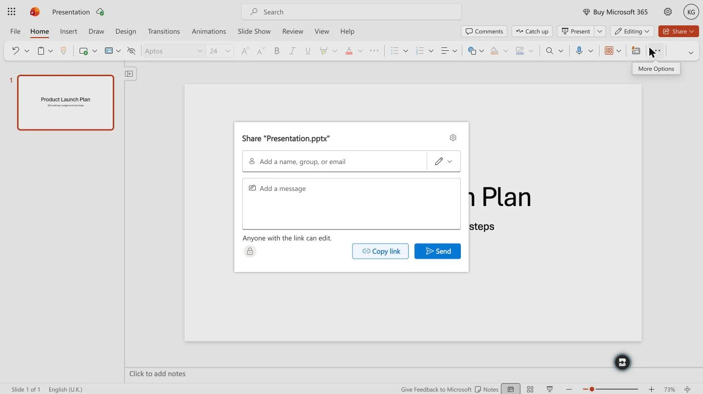 Share dialog in PowerPoint for the web with Copy link and Send options