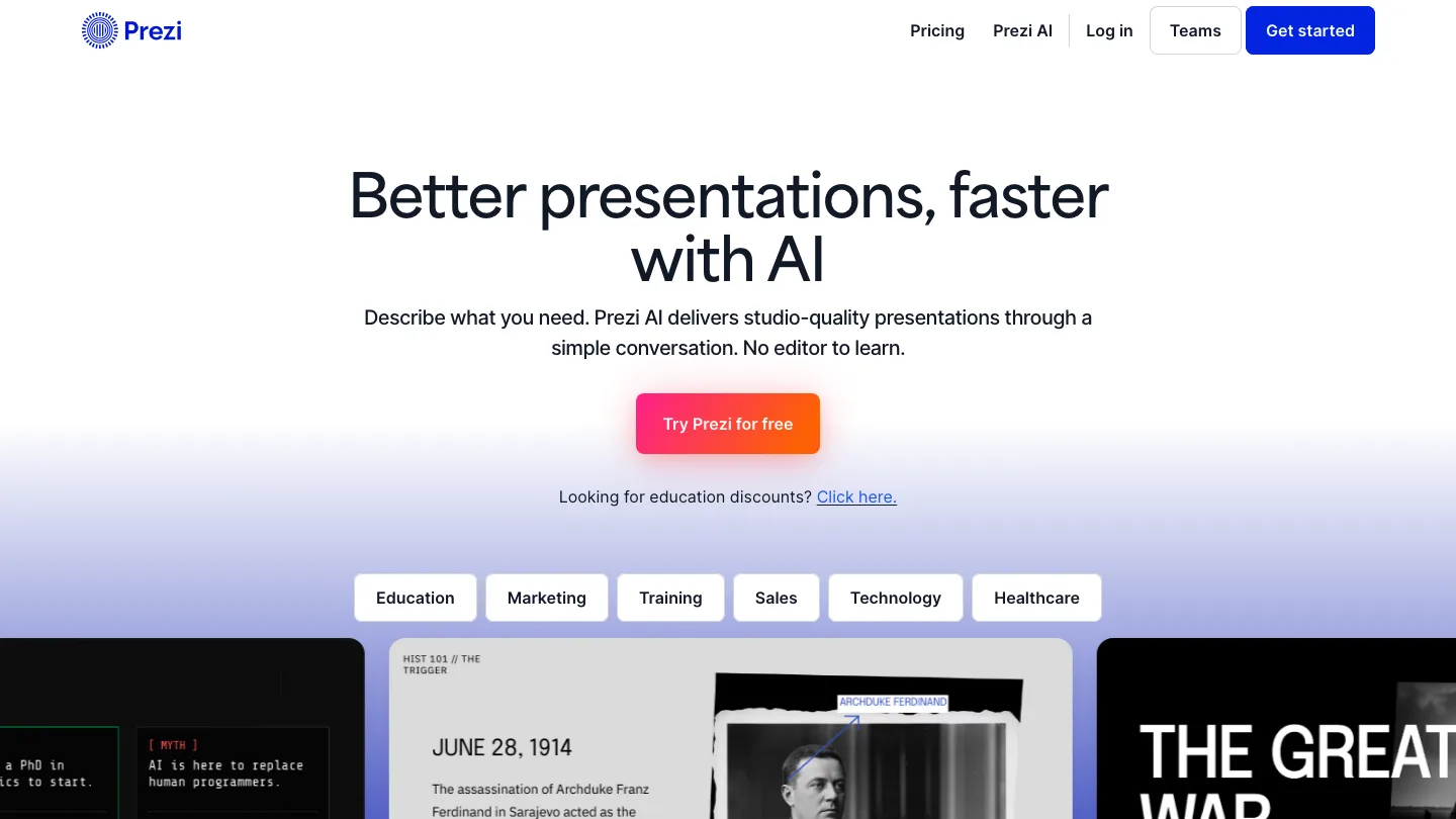 Prezi homepage, showing AI presentation generation and example decks