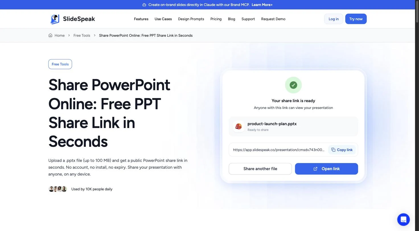 SlideSpeak free tool to share a PowerPoint file as a link, showing the generated share link after upload