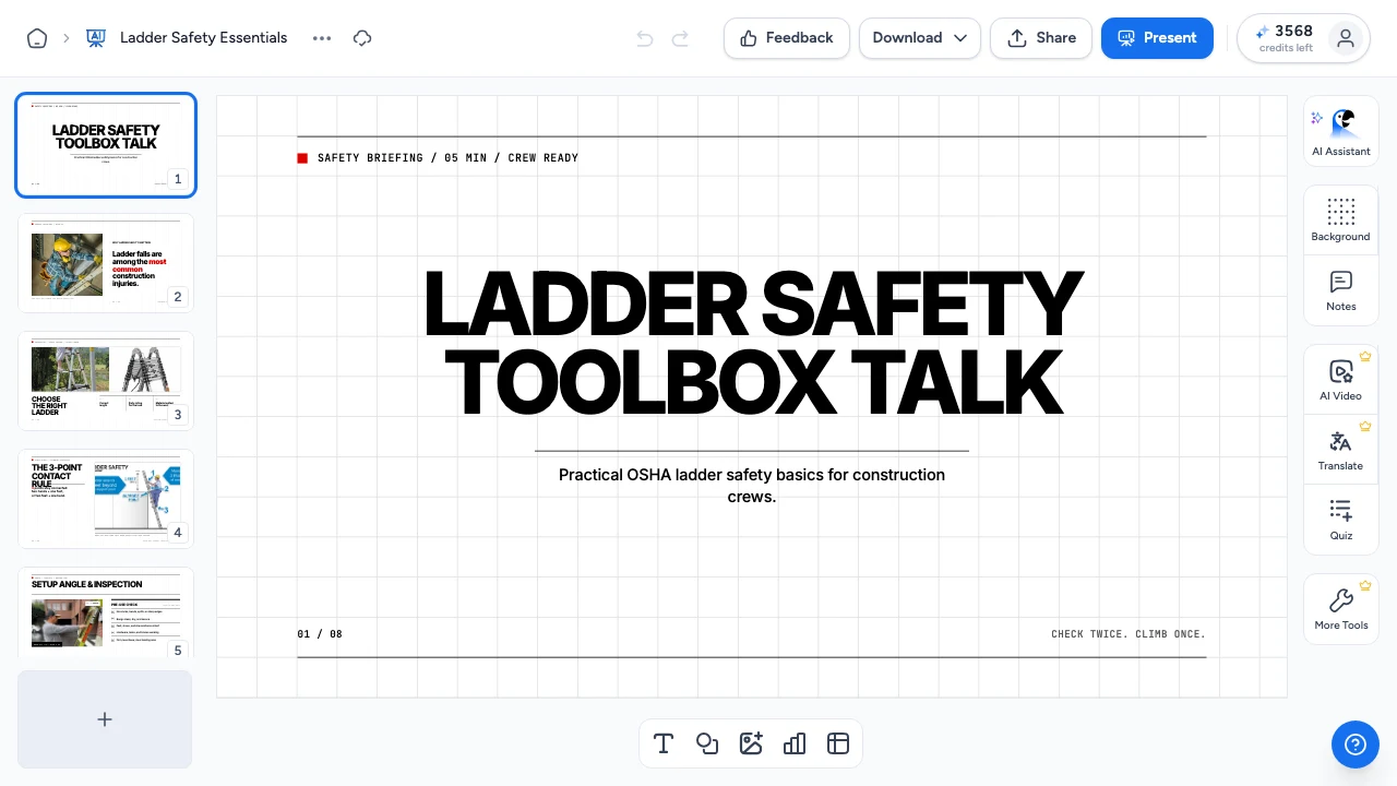 SlideSpeak editor showing a presentation generated with SlideSpeak 5.0, where each slide has its own dynamic custom layout
