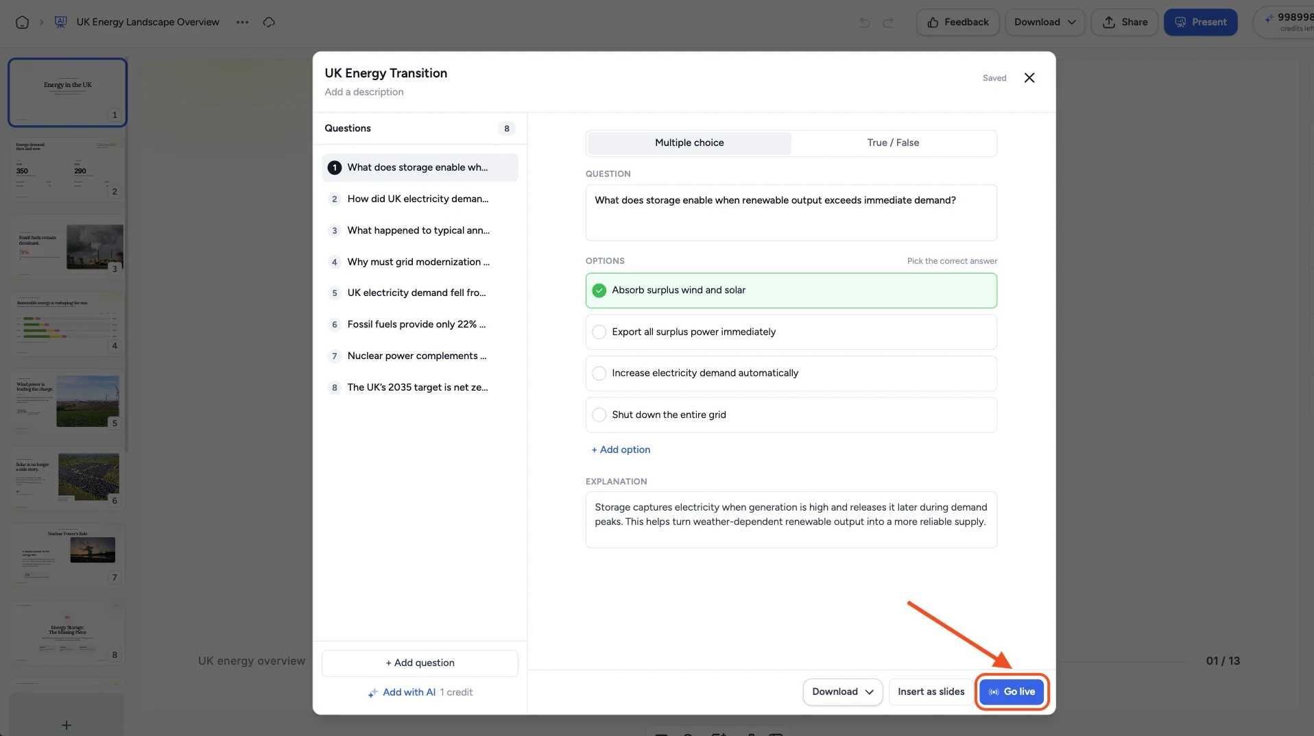 Arrow pointing to the button that starts a live quiz in the SlideSpeak quiz editor