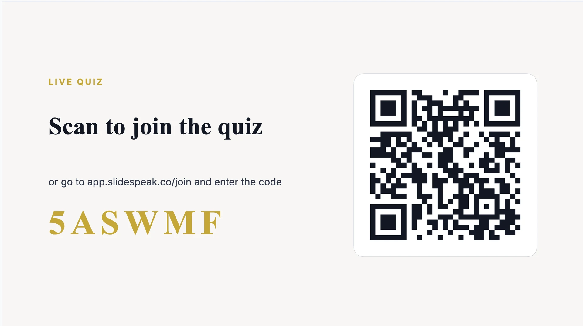 A live quiz QR code slide in SlideSpeak, showing Scan to join the quiz, a join code, and a QR code