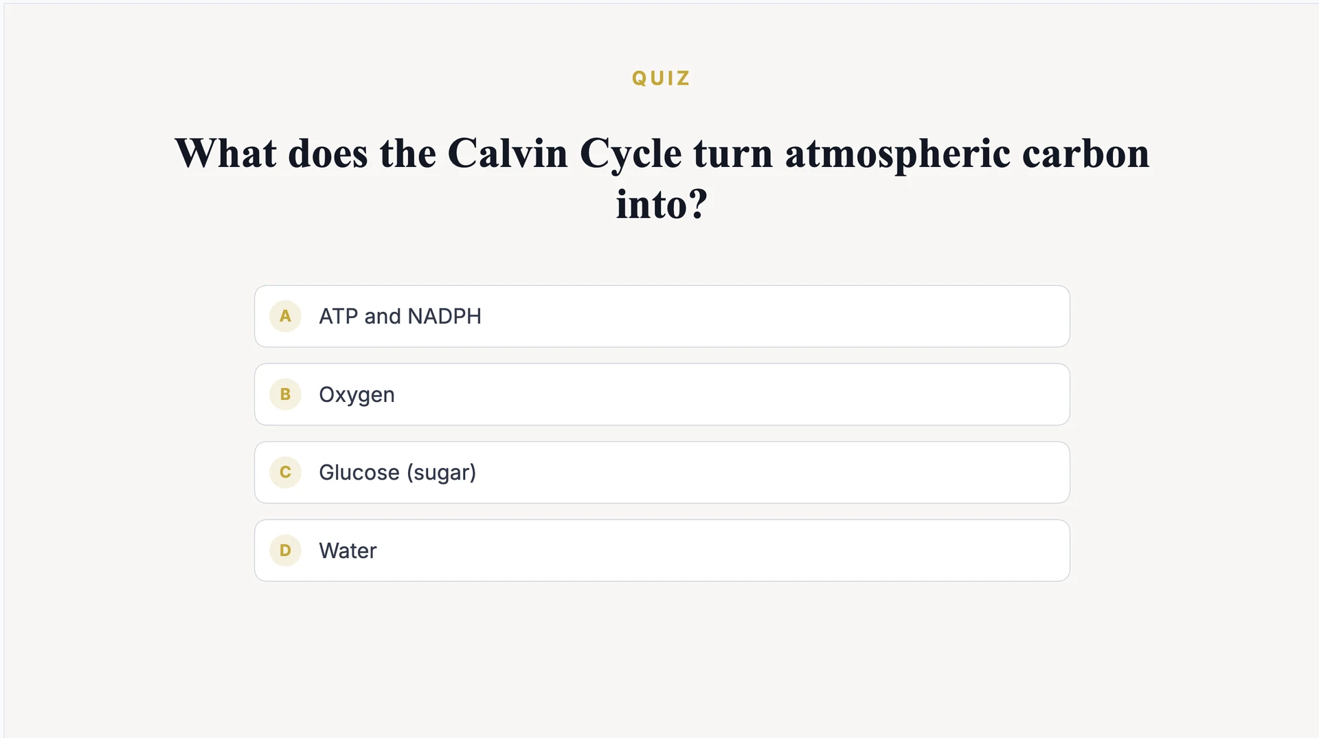 A quiz slide in a SlideSpeak presentation, showing a multiple choice question with four lettered answer options