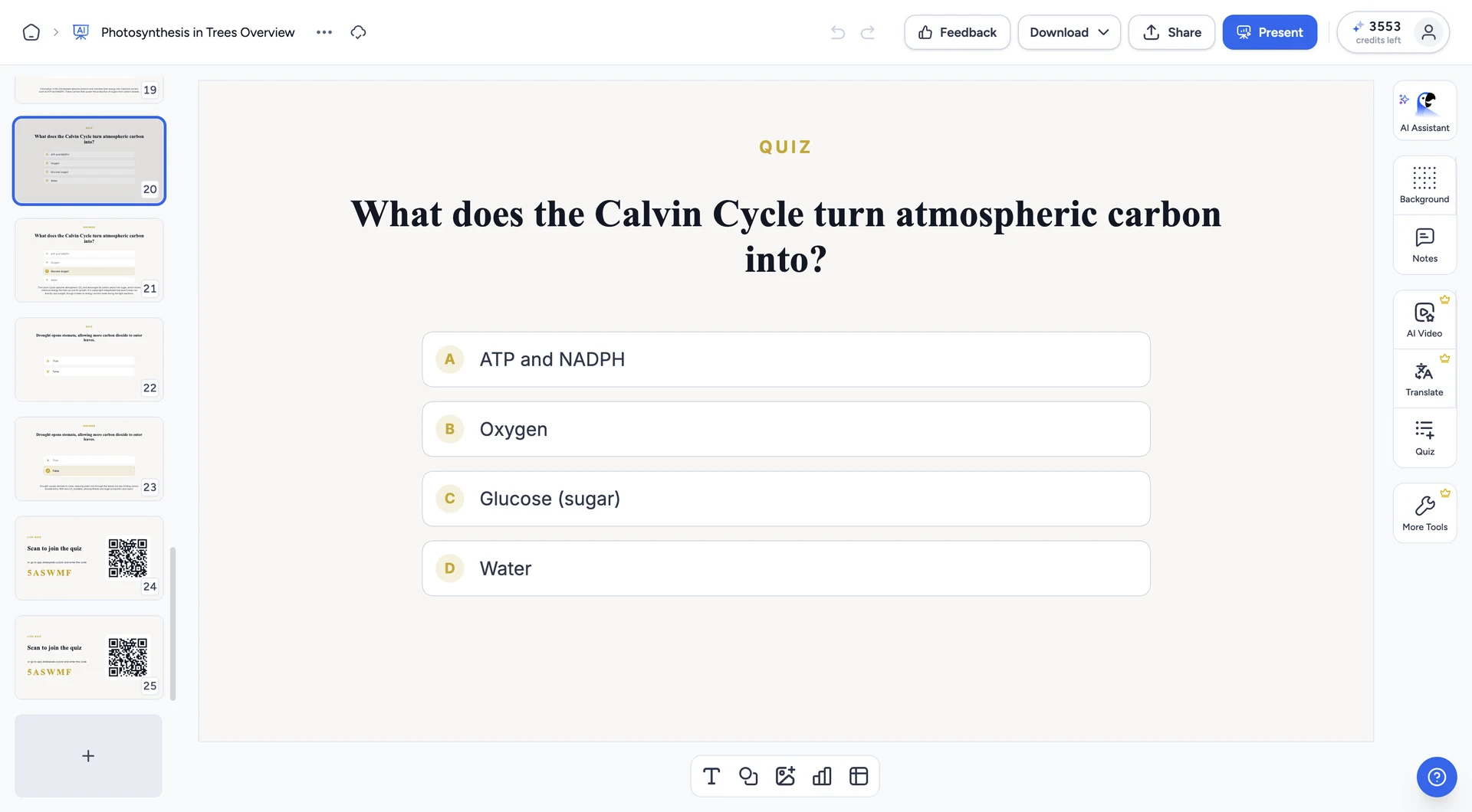 Quiz slides added to the end of a SlideSpeak deck, shown in the slide list beside the question slide